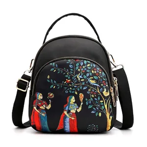 Mini Backpack Crossbody Bag For Women Waterproof Oxford Cloth Multi Layer Multi Functional Printed Ethnic Pattern Fashion