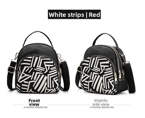 Front and side view of black waterproof oxford fabric crossbody bag with geometric patterns