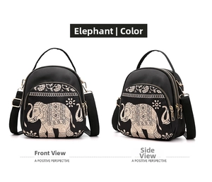 Detailed views of a black water-resistant oxford fabric crossbody bag with elephant print