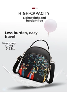 Detailed view of lightweight black nylon crossbody bag featuring colorful ethnic embroidery