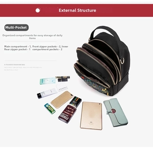 Detailed interior storage view of a water-resistant oxford fabric multi-pocket handbag