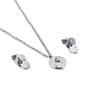 Stainless Steel Necklace And Earrings For Women With Heart Love Pendant And Roman Numerals Elegant Fashion Jewelry