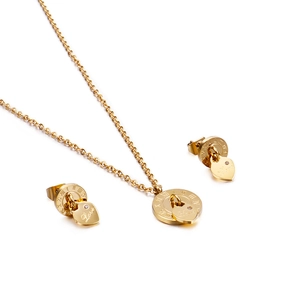 Golden jewelry set with Roman numeral round pendants and engraved Love heart charms