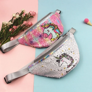 Sparkly sequin unicorn fanny packs for girls in pink gradient and white with rainbow design