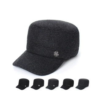 Men's wool winter military flat top cap with metal star and ear protection earflaps