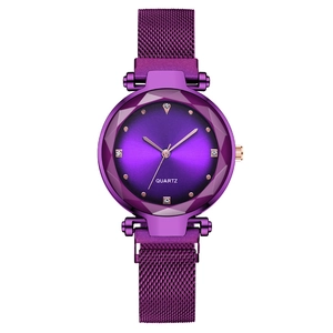 Elegant purple quartz watch for women with faceted glass bezel and Milanese mesh band