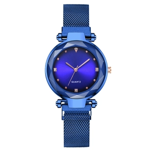 Women's quartz watch with blue gradient rhinestone dial and magnetic Milanese strap