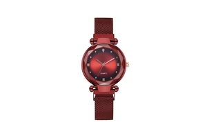 Detail of red women's quartz watch with faceted glass dial and mesh magnetic strap