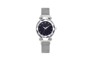 Close-up of diamond-cut glass cover and starry blue dial with rhinestone hour markers