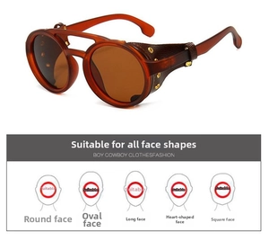 Steampunk round sunglasses with leather side shields and gold rivets for all face shapes