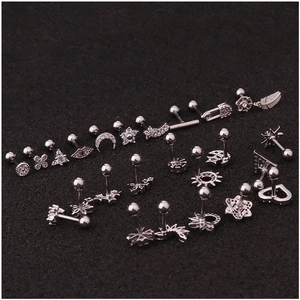 Silver stainless steel stud earrings set featuring moon star and zircon flower shapes