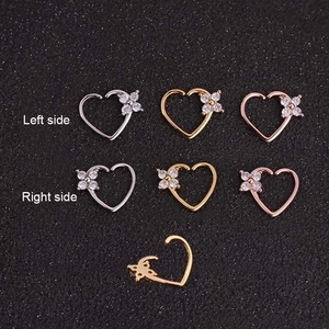 Open heart cartilage earring with zircon flower available in gold, silver, and rose gold