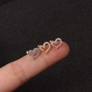 Mini heart cartilage earrings in silver, gold and rose gold with zircon pave on fingertips
