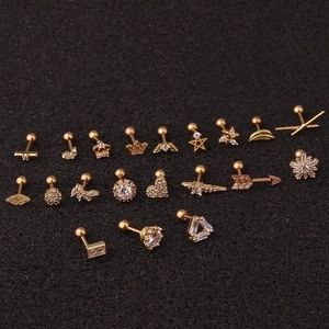 Set of gold stainless steel stud earrings with zircon in heart and star shapes