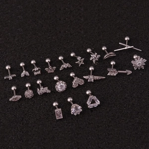Stainless steel stud earring set with cubic zirconia in star and heart shapes