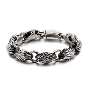 Men Bracelet 316L Stainless Steel Retro Feather Leaf Pattern Heavy Chain Punk Gothic Industrial Style Vintage Jewelry