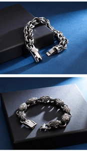 Detail of vintage leaf textured links and polished chunky chain bracelets for men