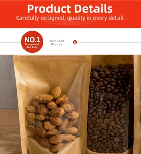 Detail of kraft paper stand-up pouch with window showing nuts and coffee beans