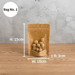 Detail view of 10x15cm brown kraft paper stand-up pouch with window showing sesame balls
