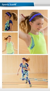Detailed views of a blue sparkly elastic headband worn by a young girl in a sports gym