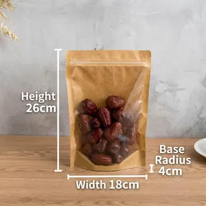 Detail of Size 5 kraft paper stand up pouch with window showing dimensions 18x26x4cm