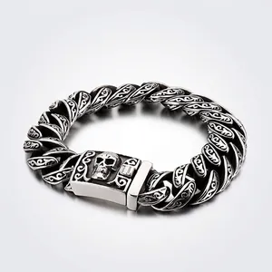 Vintage Herren Totenkopf Armband Edelstahl Punk Gothic Geschnitztes Rankenmuster Panzerkette Schmuck