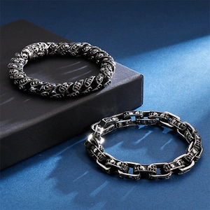 Men's gothic stainless steel skull bracelets in vintage silver with punk chain design