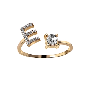 Adjustable rose gold letter E ring featuring a sparkling round crystal and pavé stones