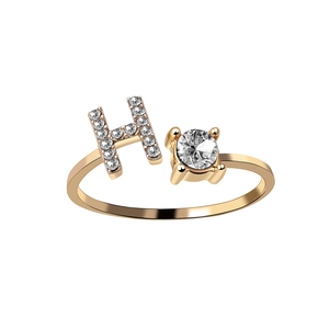 Adjustable gold ring featuring letter H with sparkling crystals and round zircon stone