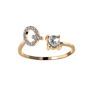Minimalist gold adjustable ring featuring a pavé-set letter Q and sparkling zircon stone
