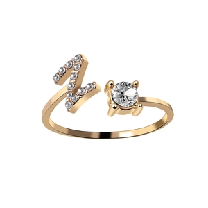 Adjustable gold letter Z ring with sparkling crystal stone and pave diamond accents