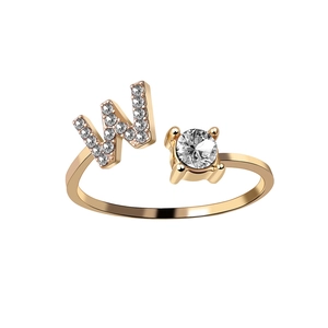 Adjustable gold ring with letter W and cubic zirconia accents on white background