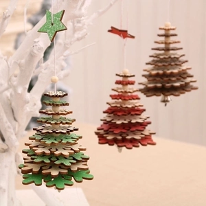 Wooden Christmas Tree Hanging Ornaments Multi Layer Snowflake Star Shapes With Metal Bell Holiday Party Decoration