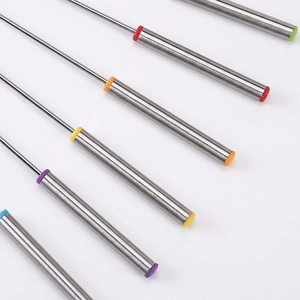 Set of six stainless steel dessert forks with colorful identifier rings on handles