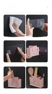 Step-by-step wall-mounted installation guide for the pink plastic cutlery organizer