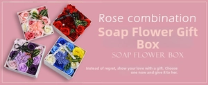Detail view of soap flower gift boxes in four colors with Just for you ribbons