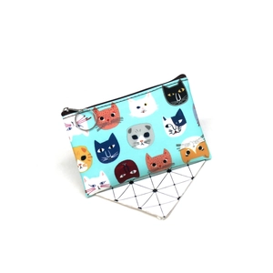 Sky blue zippered coin purse featuring colorful cartoon cat prints and a metal keychain ring