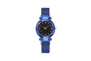 Close-up of starry sky dial with Roman numerals and faceted glass on blue mesh watch