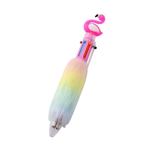 Creative flamingo multi-color ballpoint pen with soft rainbow plush and transparent body