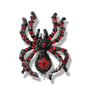 Exaggerated gothic spider brooch with sparkling red and black rhinestones for Halloween