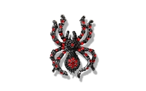 Macro detail of gothic spider brooch with red and black crystals on silver alloy base