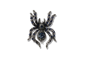 Detailed shot of a silver spider brooch with dark blue and grey inlaid crystals