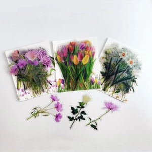 Detail of waterproof transparent PET flower stickers with tulip and rose patterns for DIY journaling