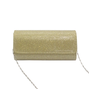 Sparkly champagne gold glitter clutch bag with elegant metal chain for evening parties