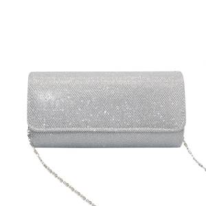 Sparkling silver sequin evening clutch bag with elegant detachable metal chain strap