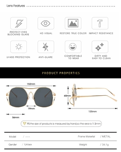 Detailed size chart of unisex cat eye sunglasses with gold frame and measurements