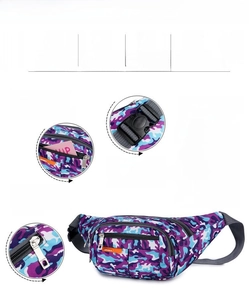 Detail showing durable nylon camouflage fabric, sturdy plastic buckle, and smooth zipper