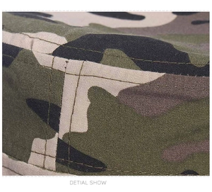 Detailed macro view of jungle camouflage fabric with reinforced stitching on military cap