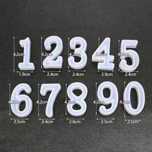 Detailed size chart for 0-9 number silicone molds showing precise height and width measurements