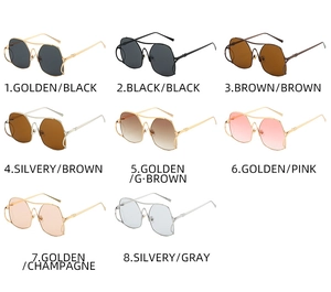 Detailed grid view of metal cat-eye sunglasses in eight different frame and lens colors